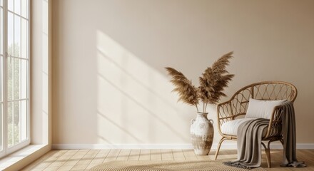 Interior setting details featuring a wicker chair, vase, and window. Sunlight casts shadows on the wall, creating a serene, inviting atmosphere.