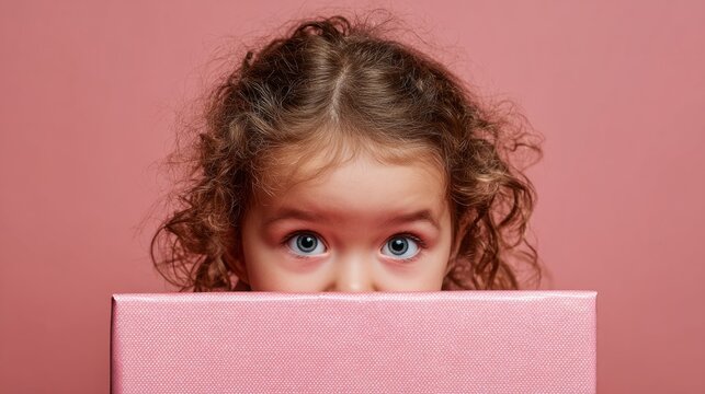 Curly-haired girl peeking over a sparkly pink gift against a pink background.