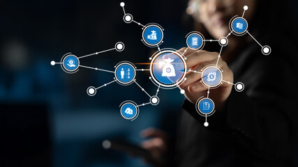A business professional interacts with a digital interface, highlighting various icons representing modern networking concepts and technological communication advancements. Tessel