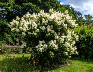 Large white flowering bush in a sunny garden setting