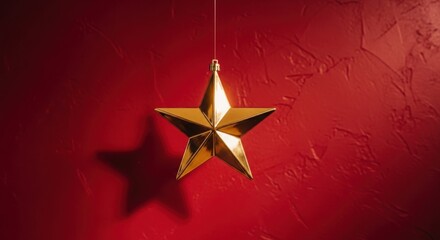Golden star ornament hanging on a rich textured red wall.