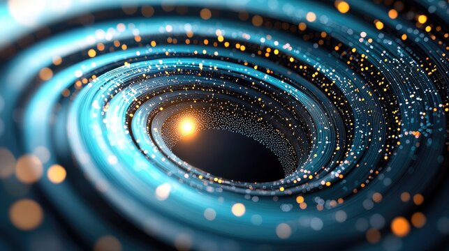 An abstract, swirling vortex of glowing blue and orange particles, creating a sense of depth and motion against a dark background.