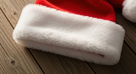 Soft red and white santa hat on rustic wooden background