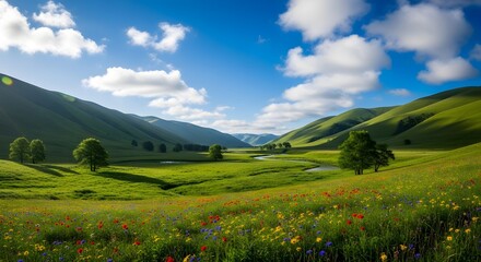 Obraz premium Idyllic valley landscape with wildflowers and rolling green hills under a blue sky