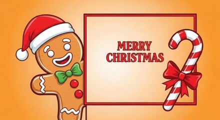 Gingerbread man with santa hat and merry christmas sign.