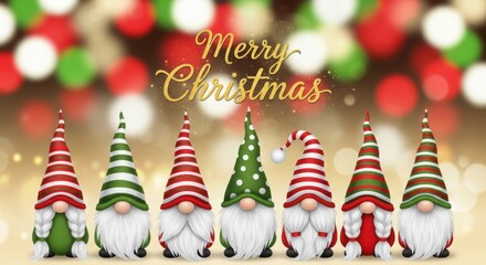 Festive gnomes with merry christmas text and bokeh lights