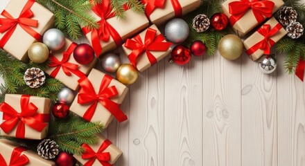 Christmas gifts, fir branches, ornaments on wood background.