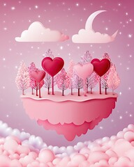 creative lifestyle concept - Dreamy Pink Fantasy Landscape with Heart-Shaped Trees and Floating Island modern digital art