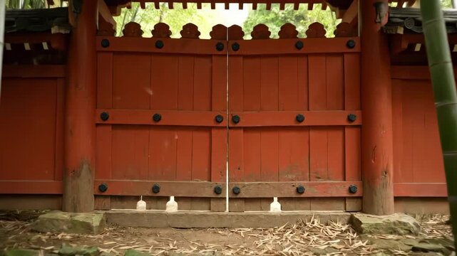 asia gate | A serene bamboo grove leads to a striking red gate, framed by lush green stalks, creating a tranquil atmosphere perfect for reflection and mindfulness