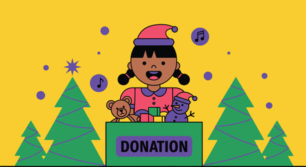 Christmas toy drive with cheerful child donating gifts for charity