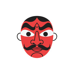 Fototapeta premium Front view illustration of a red mask featuring bold eyebrows, curved mustache and a central gemstone on a plain white background