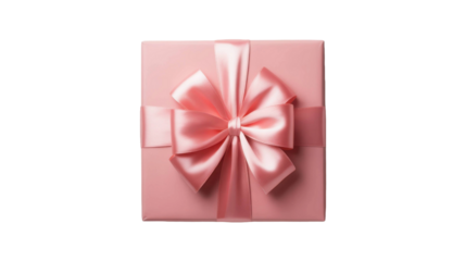 Top view of a square pink gift box with a large satin bow isolated on transparent background