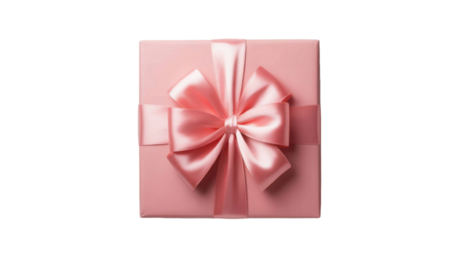 Top view of a square pink gift box with a large satin bow isolated on transparent background