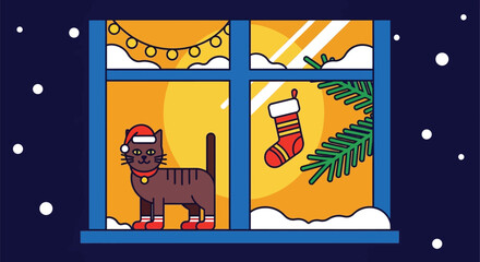 Festive cat watching snowfall on Christmas night through window