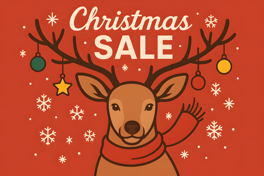Festive deer illustration promoting a seasonal discount event on a red backdrop