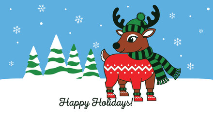 Celebrate winter with this adorable reindeer wearing a fun holiday outfit