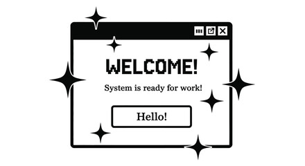 Welcome message on a retro computer screen with sparkling stars