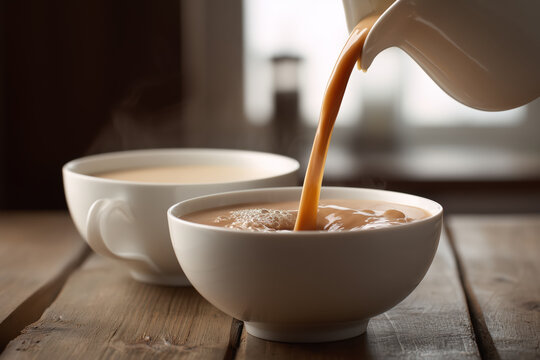 Pouring warm, creamy chai tea into a white ceramic bowl, a soothing moment of indulgence on rustic wooden table, perfect for a cozy and calming scene