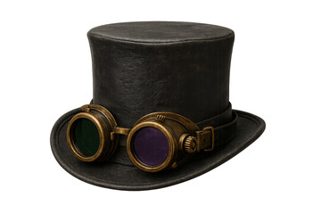A dark leather steampunk top hat adorned with intricate brass goggles with green and purple lenses, showcasing a detailed retro-futuristic Victorian accessory