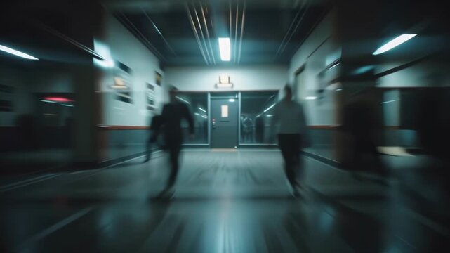 Blurred Figures Running, Escape, Emergency, Motion Blur, Hallway