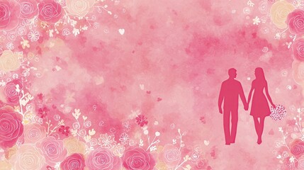 valentine romantic concept - Romantic Couple Holding Hands on Floral Pink Background romantic couple illustration