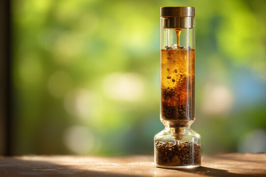 Freshly brewed aromatic coffee dripping into a glass coffee maker, perfect for a morning boost or a cozy cafe scene on a sunny day with natural backdrop
