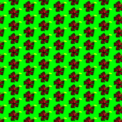 Seamless Red Hibiscus Floral Pattern on Bright Green Background