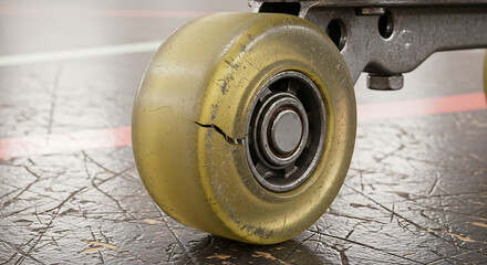 Close up of a cracked roller skate wheel on the floor