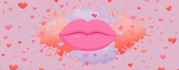 creative lifestyle concept - Vibrant Pink Lips and Colorful Hearts on a Splash Background modern digital art