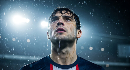 Soccer player looking up in the rain at night game