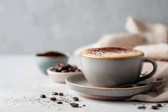 Indulge in a creamy cappuccino moment with aromatic coffee beans, a perfect break for focus and energy, ideal for cafes and coffee lovers