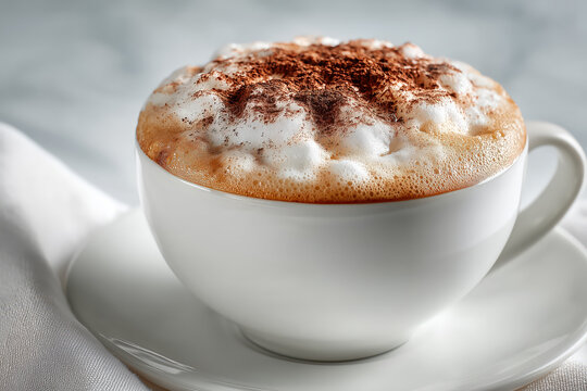 Indulge in a creamy cappuccino with rich cocoa, perfect for a cozy morning or delightful coffee break, enjoy the comforting aroma and taste today