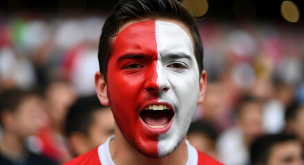 Man with red and white face paint shouting loudly
