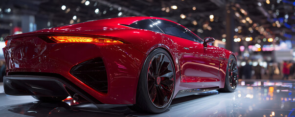 Sleek red sports car with glowing tail lights showcases innovative design at automotive exhibition, captivating audiences with its aerodynamic beauty and performance