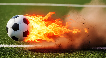 A soccer ball engulfed in flames on green field