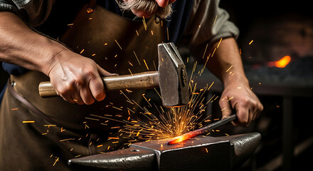 A blacksmith forging metal with hammer and anvil tool