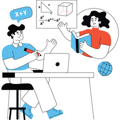 Two people learning mathematics with equations and formulas in a bright studio with a transparent background