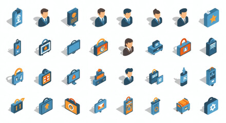 Modern isometric icon set for business and office environments, showcasing professional people, digital devices, financial elements, and productivity tools in a clean, flat design.
