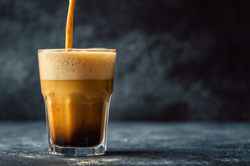 Golden brown coffee pouring into glass with frothy foam for a delicious morning beverage or refreshing iced coffee treat