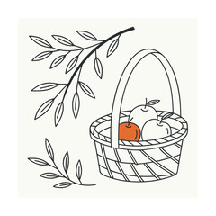Hand drawn illustration of a basket filled with apples and a branch with leaves fruit