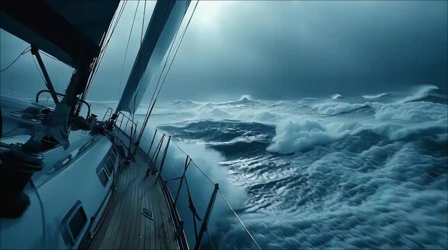 Sailing through stormy seas with dramatic waves crashing against the boat under a moody sky, a thrilling adventure at sea