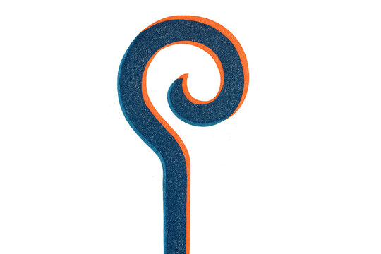A blue and orange textured spiral object with a grainy surface and bold graphic design, resembling a stylized shepherd's crook or a curled fern frond in a minimalist style