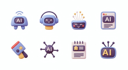 Vibrant 3D Rendered Icons of Artificial Intelligence Concepts, Robotics, and Digital Tools, Showcasing AI's Diverse Applications in a Playful Design Style