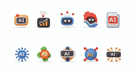 Collection of diverse Artificial Intelligence (AI) concept icons, illustrating modern technology, innovation, and digital transformation for various applications and platforms.
