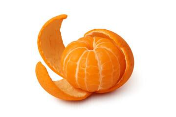 Obraz premium A fresh peeled tangerine mandarin orange fruit with its segments exposed and the bright orange peel curling around it in an appetizing and organic presentation