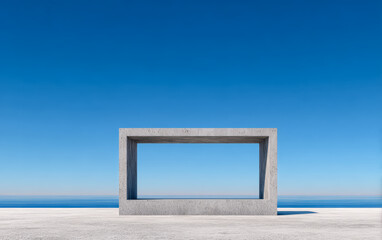 Minimalist concrete frame overlooking calm sea under clear blue sky in a serene coastal setting