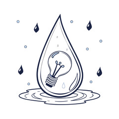 Light bulb inside a water drop with rain and ripples Keywords: light bulb, water drop, rain, drops, ripple, puddle, idea, innovation, concept