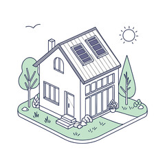 Isometric line art house with solar panels on roof surrounded by trees and garden Keywords: house, home, building, roof, solar panels, renewable