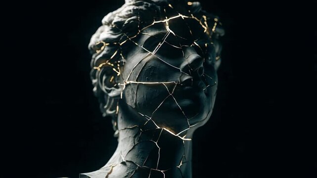 Resilient Classical Sculpture with Golden Cracks, a Symbol of Enhanced Beauty and Imperfection Transformed into Art