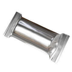 Realistic 3D Render of Blank Silver Metallic Foil Snack Bar Wrapper. Isolated Packaging Mockup Template for Product Presentation, Branding, and Food Industry Design.